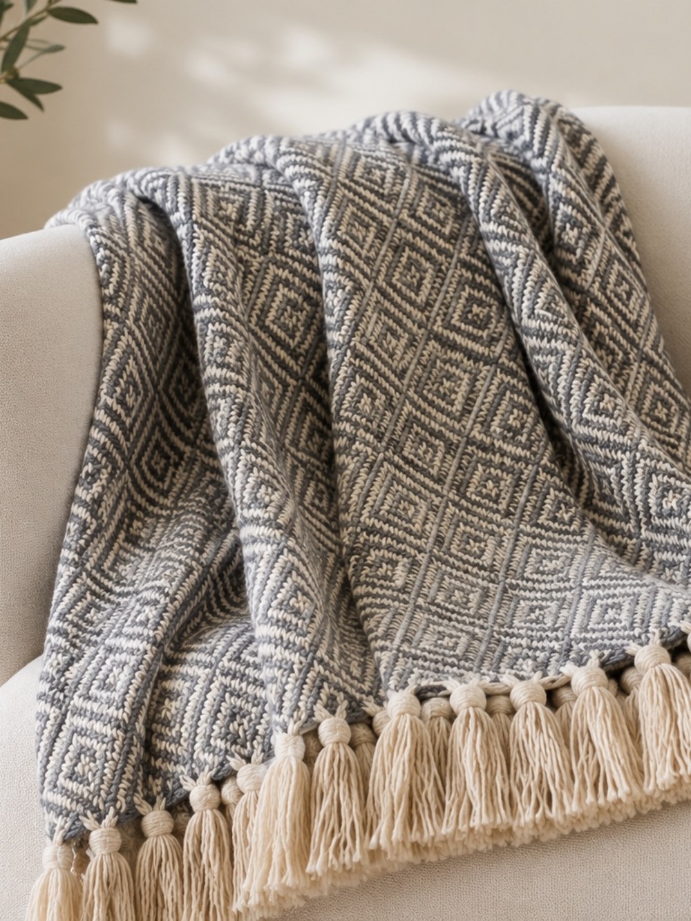 Woven Diamond Fringe Throw Blanket in Cream and Gray